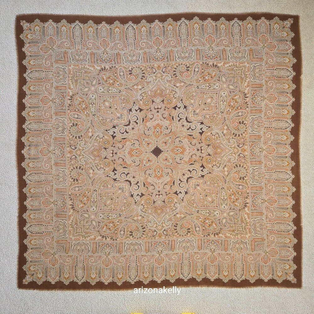Large Square Wool Scarf Brown Orange Earth Tones - Picture 12 of 13